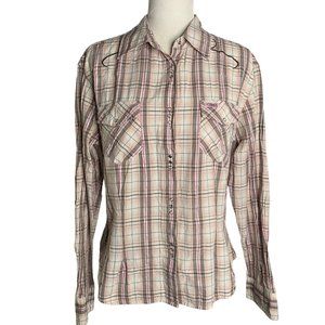 Cowgirl Hardware Snap Front Western Shirt M White Plaid Embroidered Rhinestones